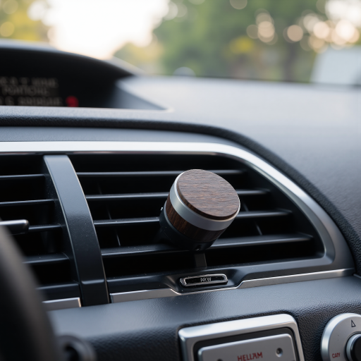 Black cylindrical car air freshener device with LED lights, placed on dashboard, modern design