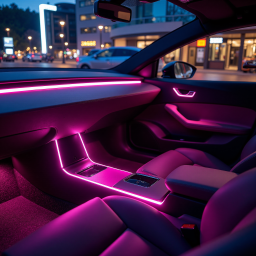 Colorful car air freshener with RGB LED lights, placed on car dashboard, vibrant lighting effects