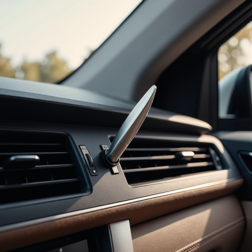 White car air freshener with sleek modern design, placed in car interior, clean aesthetic