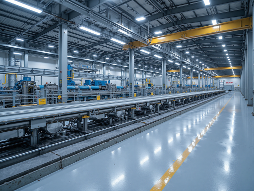 Modern manufacturing facility with automated production line and quality control equipment, bright industrial lighting